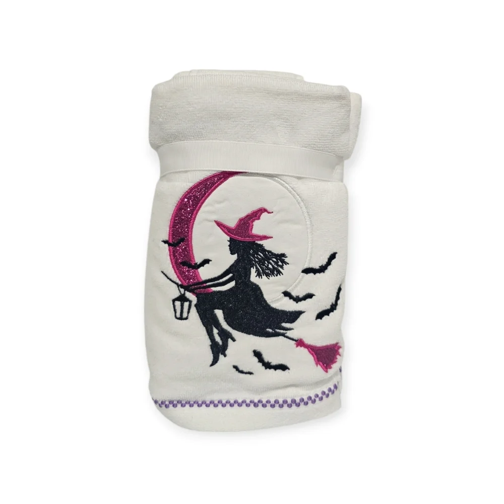 2pc Rachel Zoe Glitter Witch Hand Towels White Black Pink Moon Bats New